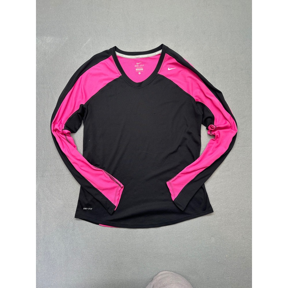 Nike Running Dri-FIT Long Sleeve Shirt Black Pink Colorblock V-Neck Womens L